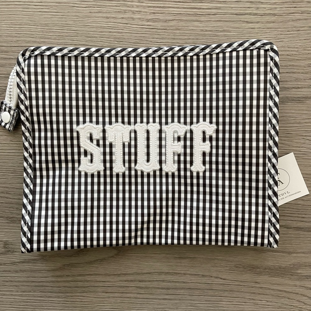 Brand new large black+white gingham TRVL roadie. Custom white “STUFF” appliqué.